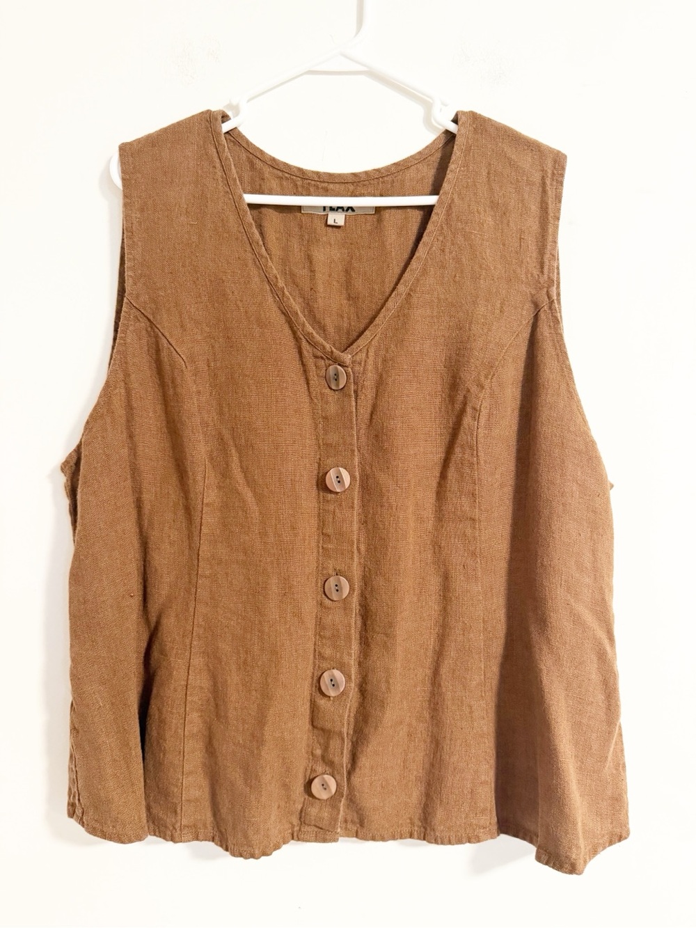 Flax Jeanne Engelhart 100% Linen Sleeveless Button Front Vest Top L Brown